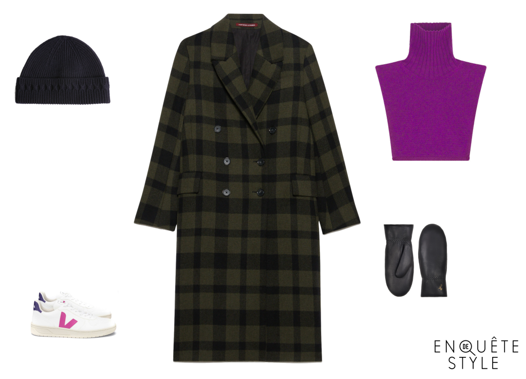 manteau tartan et faux col violet. Nouveaux accessoires hiver 2022