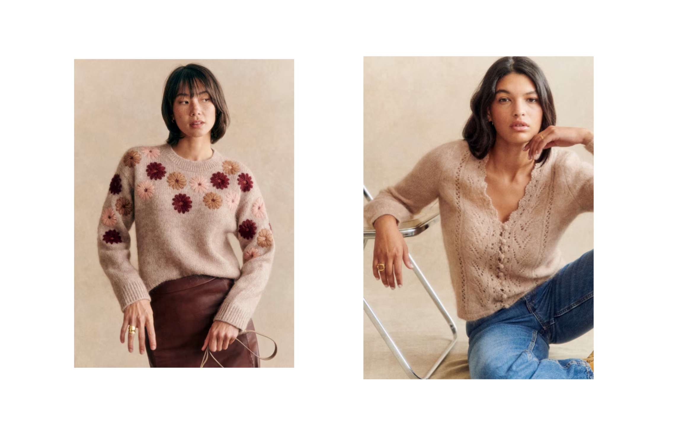 Pulls Sezane avec fleurs brodées et mailles ajourées. Pour des pulls qui donnent du style à une tenue. Conseils mode personnalisés Enquête de style. 