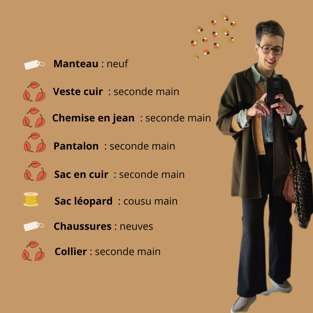 Un look de seconde main avec un sac fait main et des accessoires créateurs. Conseil en image à Caen et en ligne vers une mode responsable. 